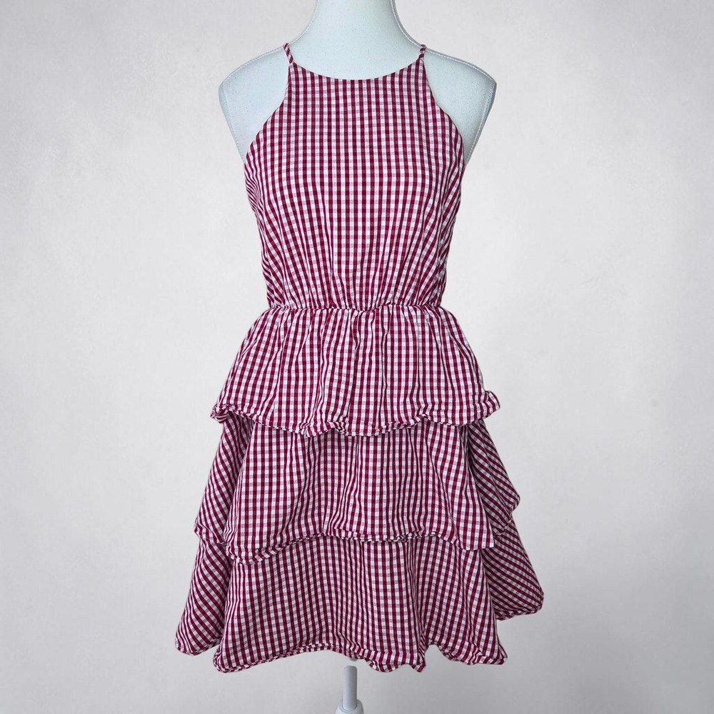 Red Gingham Tiered Ruffle Mini Dress Small Halter Neck Cottagecore Cotton